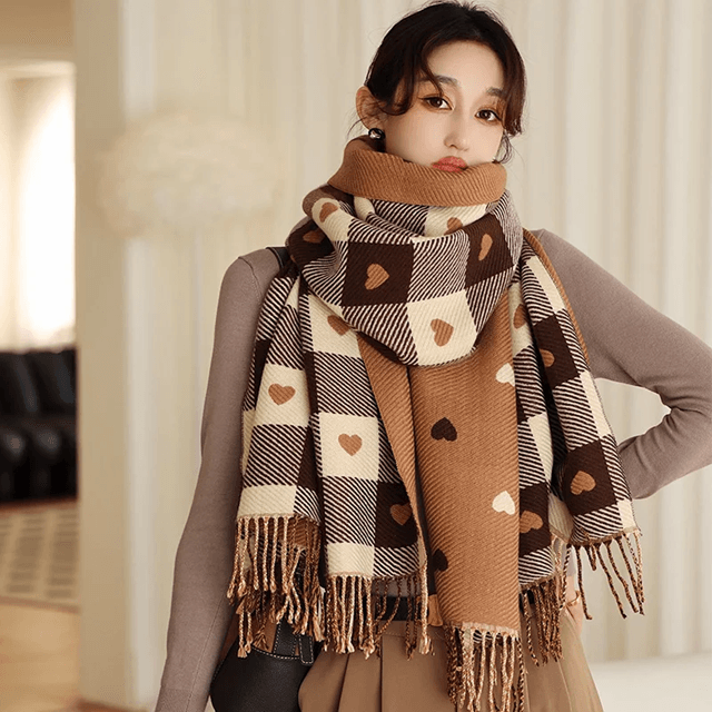 Womens Plaid Blanket Scarf Heart Pattern Warm Shawl for Autumn and Winter