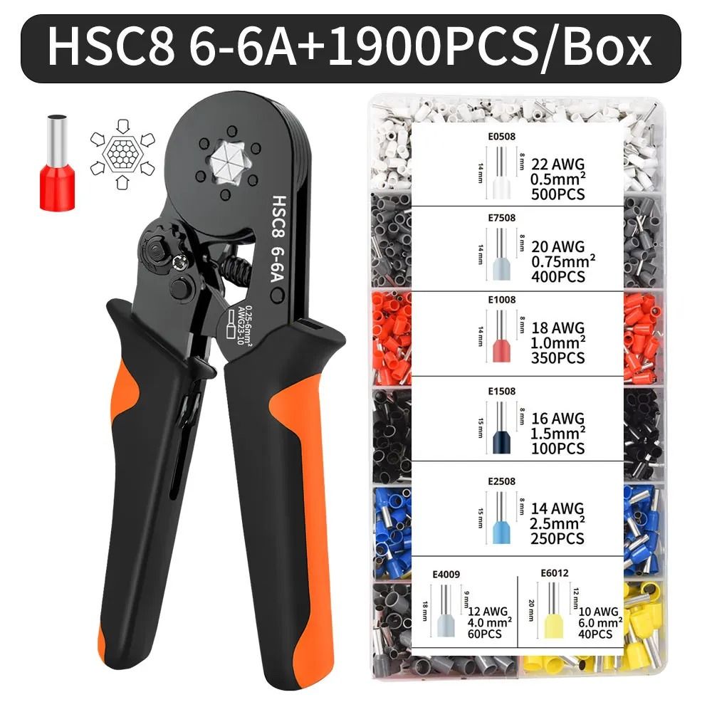 Hexagonal Ratchet Ferrule Crimping Tool Kit with Wire Terminals and Ferrule Sleeves