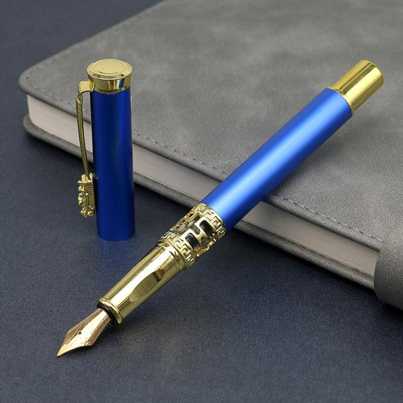 Blue Hollow Sculpted Fountain Pen Luxury Metal Calligraphy Writing Pen