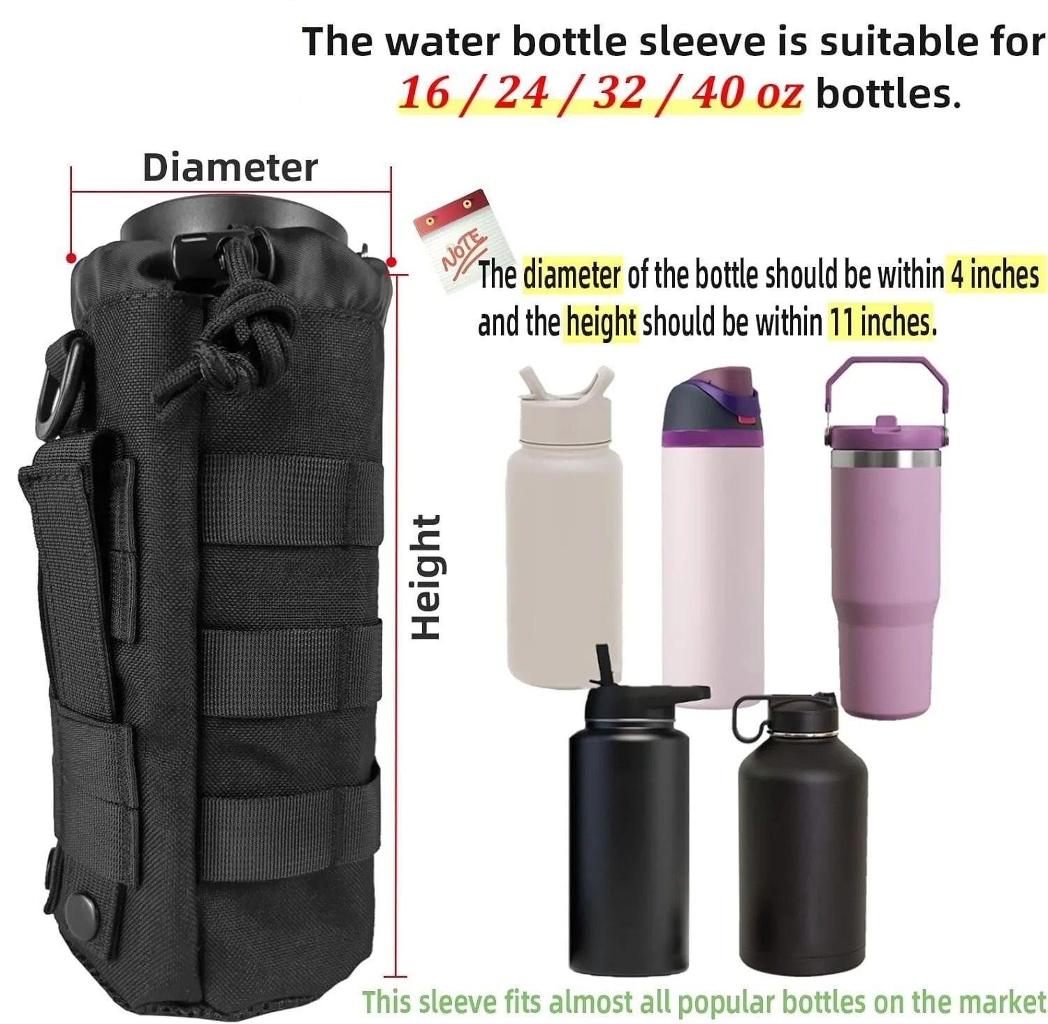 Tactical MOLLE Water Bottle Pouch High Density 1000D Nylon Bottle Holder with Drawstring and Mesh Bottom