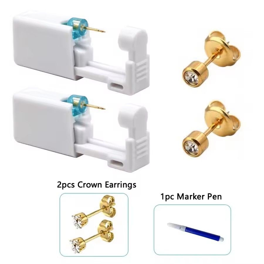 2PCS Disposable Ear Piercing Kit – Built-in Stud Guns + Bonus Cubic Zirconia Earrings | Safe & Easy Home Use Tool