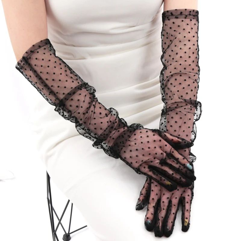 Elegant Black Lace Bridal Gloves for Women Long Mesh Polka Dot Tulle