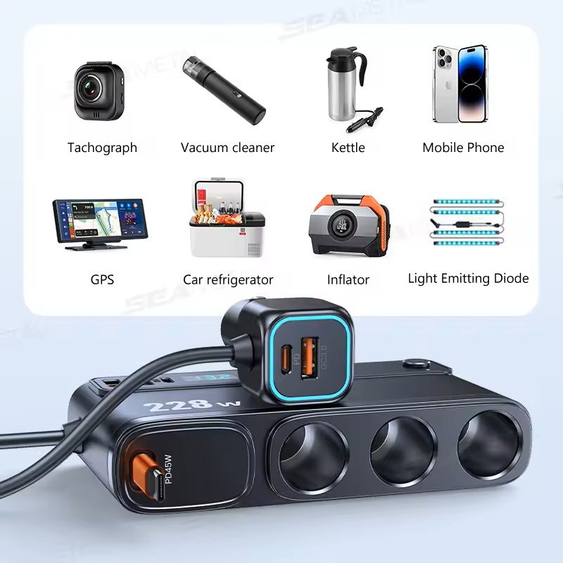 228 W High-Power Car USB Charger PD 45 W Fast-Charging Cigarette Lighter Adapter for Smartphones & Tablets