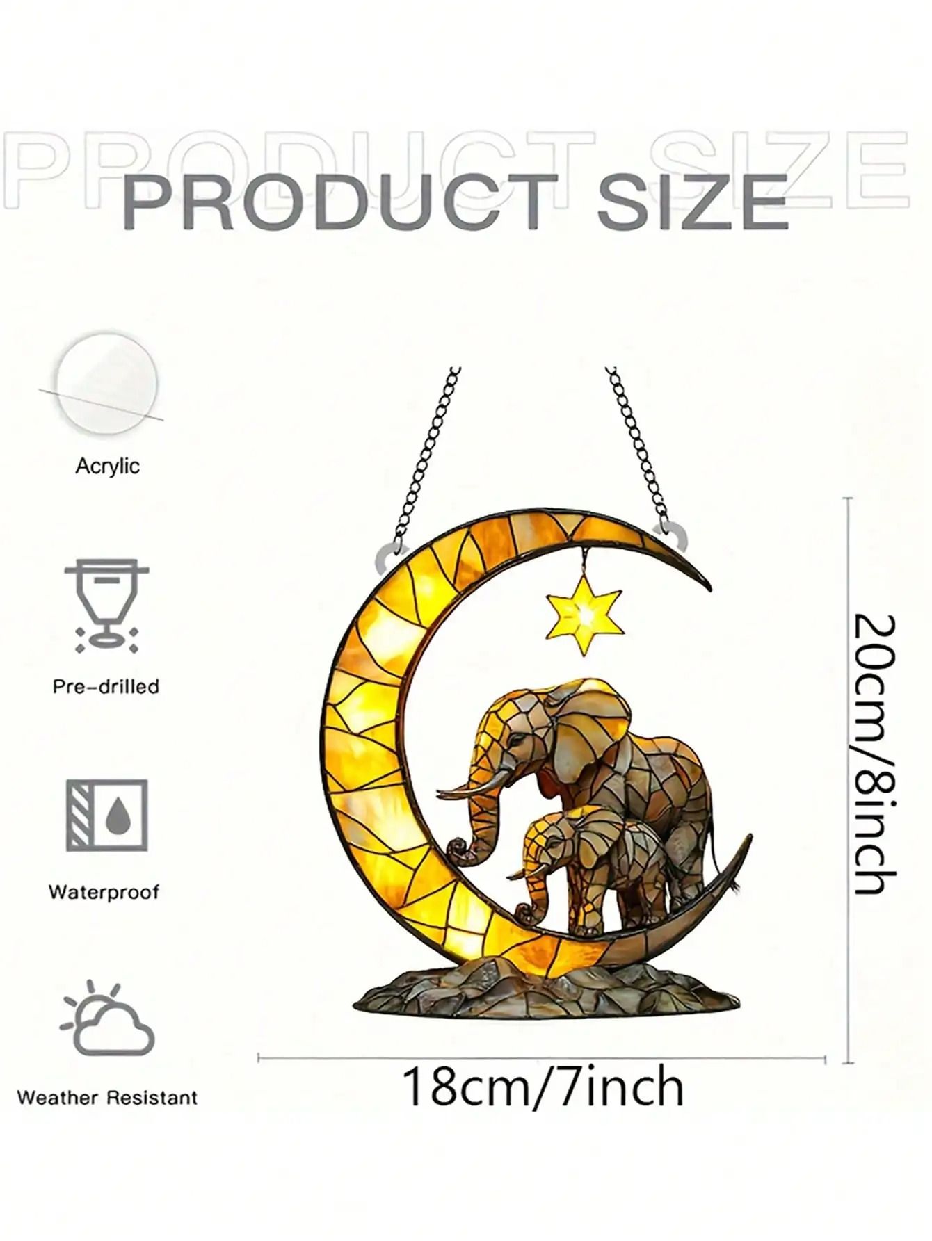 Elephant Family & Crescent Moon Suncatcher | Stained-Glass Style Window Pendant & Garden Accent