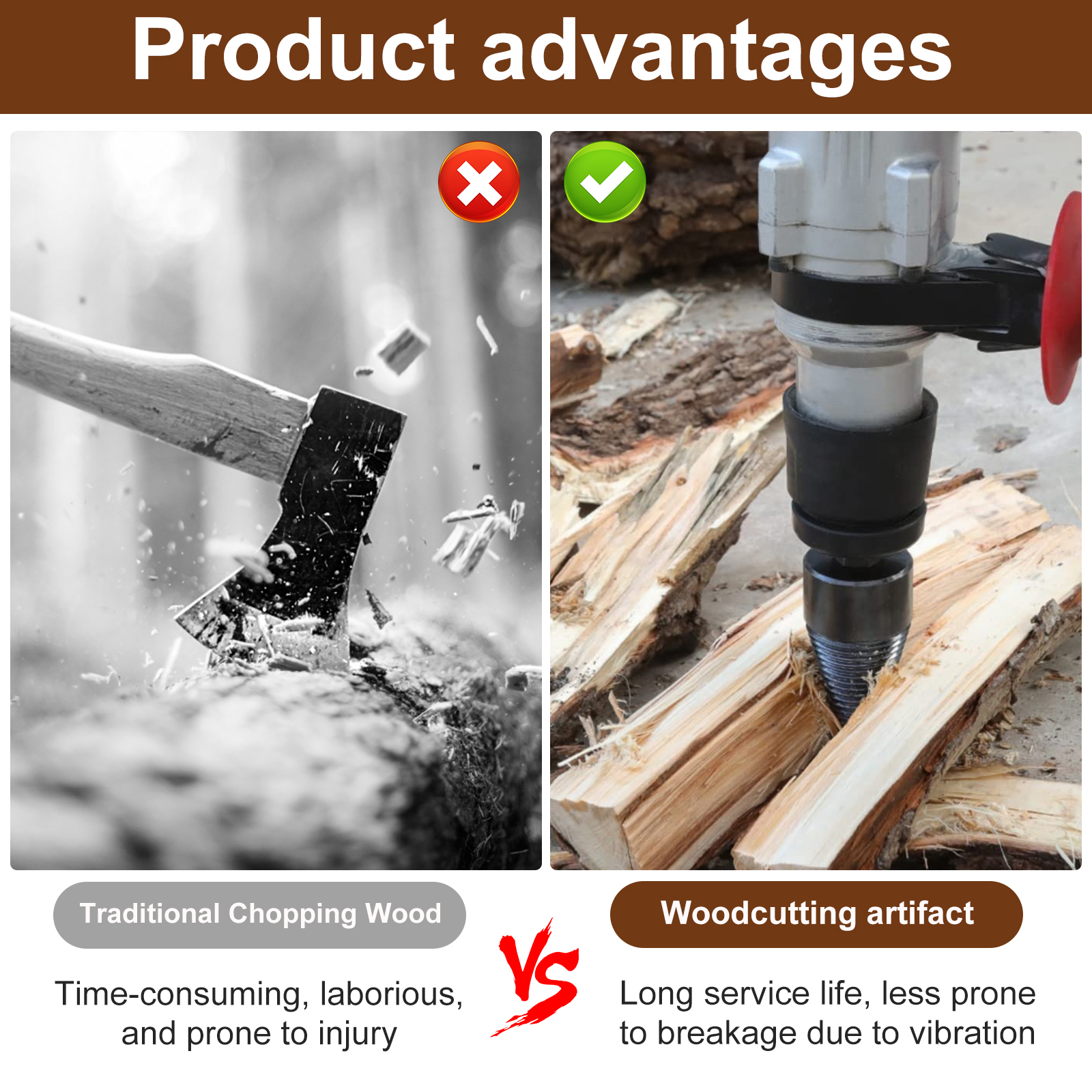 Firewood Log Splitter, Sturdy High-Carbon Steel Wood Log Splitter Screw Cones Drill Bit, Hex/Round/Square Shank