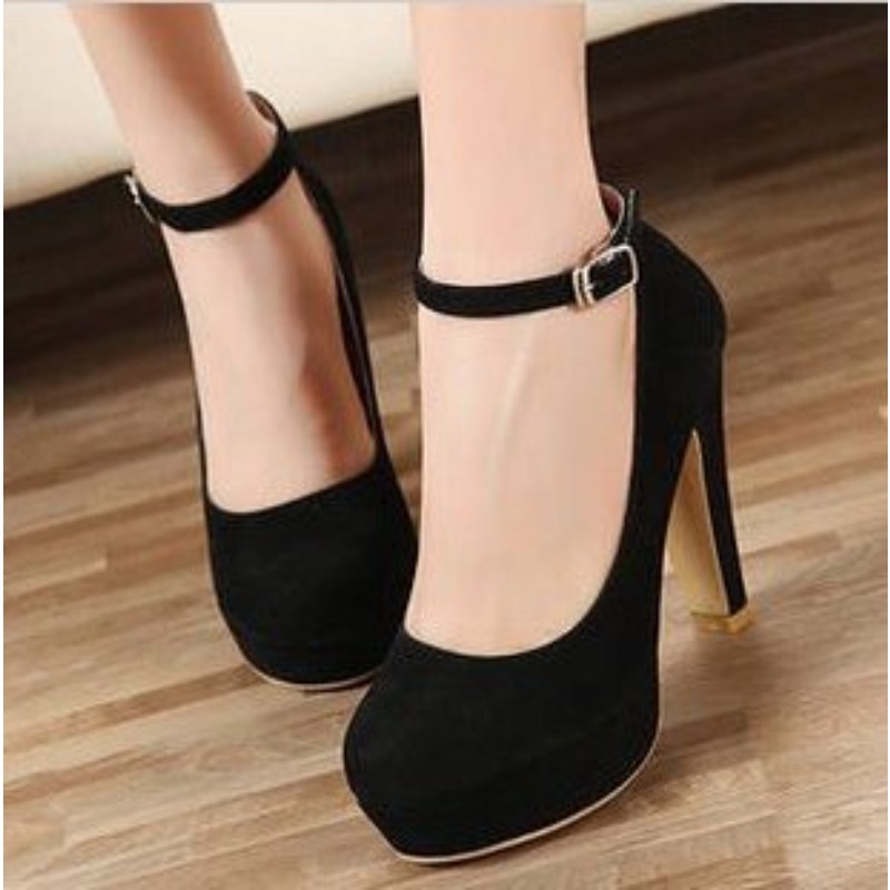 Womens Sexy Super High Heels, Black Flock Chunky Platform Pumps with Ankle Buckle Square Heel for Fashion Party Style