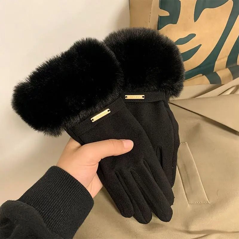 Women Winter Touchscreen Suede Gloves with Plush Cuff and Fleece Lining