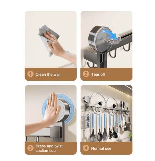 Wall Mounted Kitchen Hook Rack No Drill Utensil Hanger Rail with Chopping Board Holder