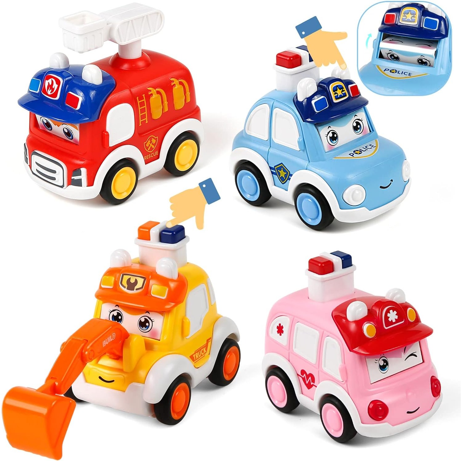 Press and Go Baby Animal Car Toys, Police Car, Fire Truck, Construction Truck, Ambulance for Kids, Toddler Vehicle Toy