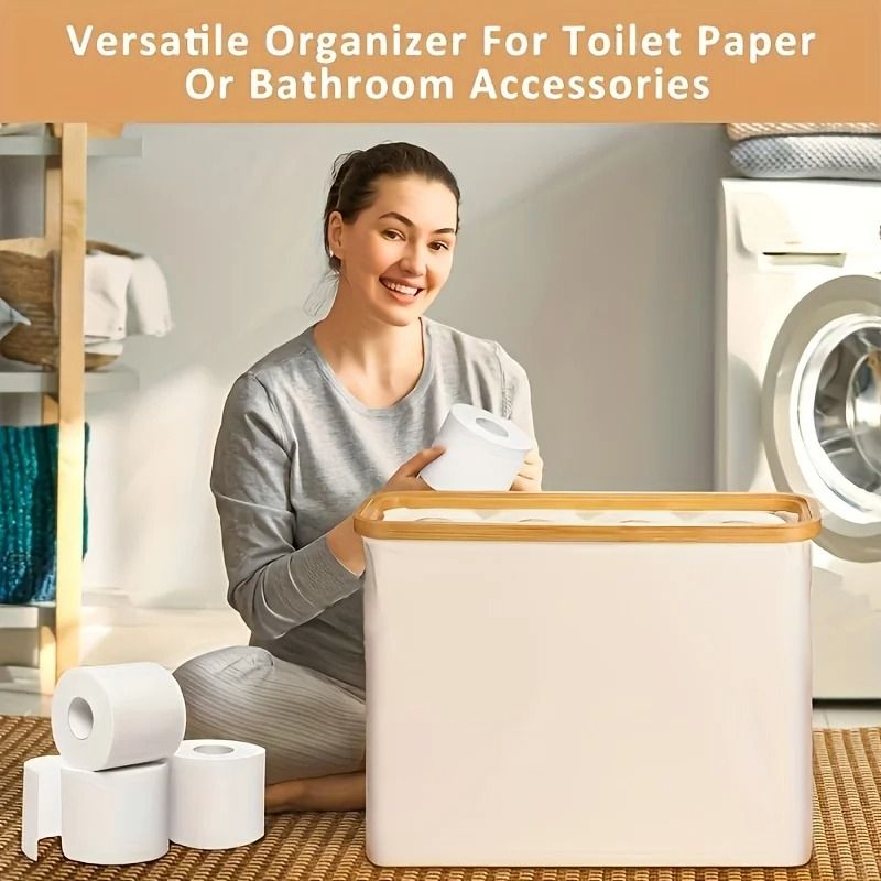 Bohemian Bamboo Toilet Paper Holder with Foldable Storage Basket