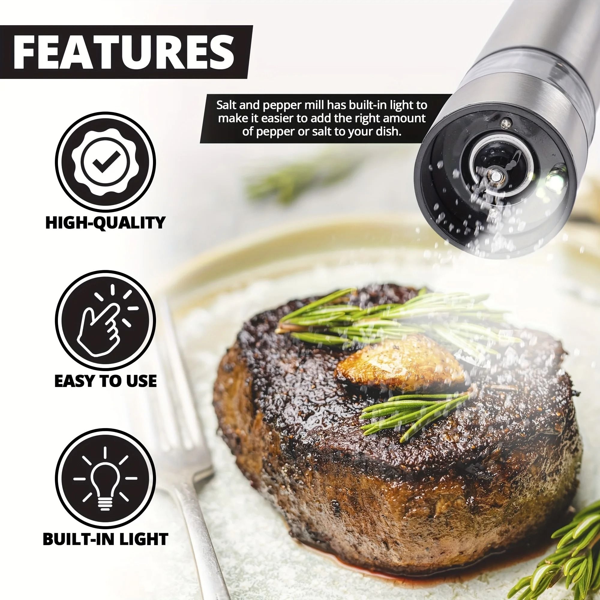 AutoGrind Electric Salt and Pepper Grinder Stainless Steel Automatic Pepper Mill One Hand Operation with LED Light