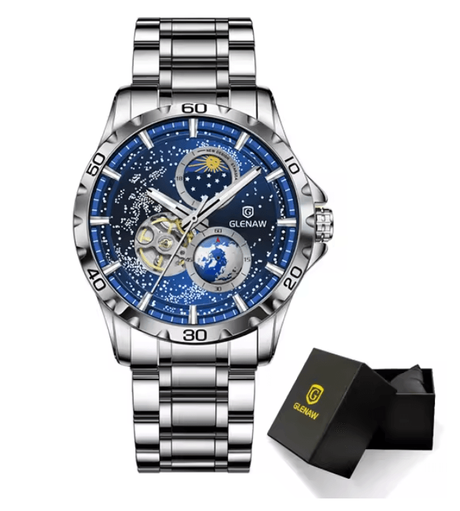 GLENAW Automatic Mechanical Watch with Rotating Earth Dial and Leather Strap
