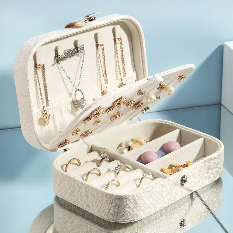 Portable Jewelry Box, Travel Jewelry Case Organizer, Leather Storage Zipper Display Box with Button Closure for Jewelers