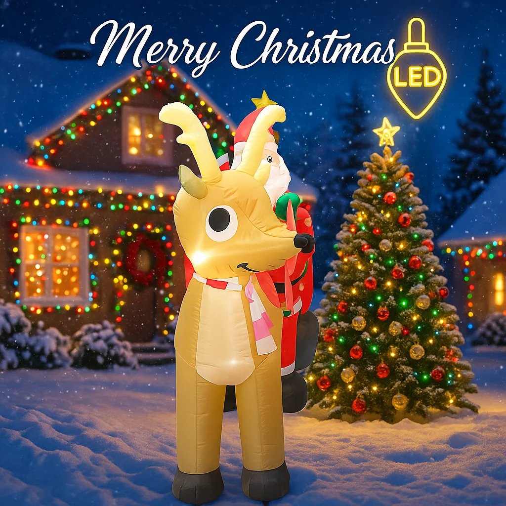 Inflatable Santa Sleigh Reindeer, Giant Christmas Decoration, Holiday DIY Party LED Lights, Yard and Home Ornament
