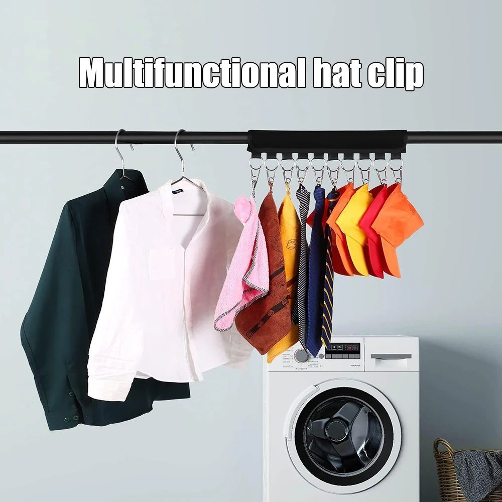 8-Clip Hat Organizer Hanging Strap with Velcro & Stainless Steel Clips, No-Drill Vertical Storage for Caps & Clothes