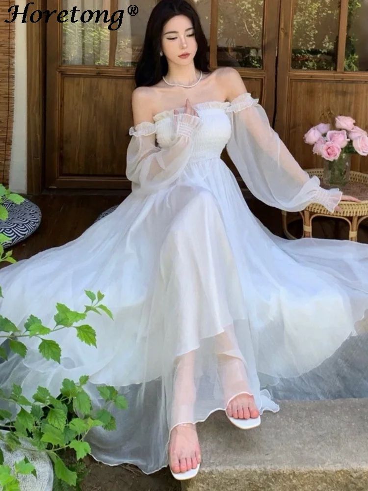 Elegant White Off-Shoulder Maxi Party Gown – Flowy Ruffle Holiday Dress