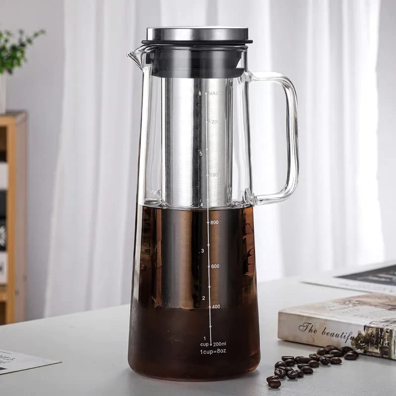 Airtight Cold Brew Iced Coffee Maker & Tea Infuser Glass Carafe with Removable Stainless Steel Filter