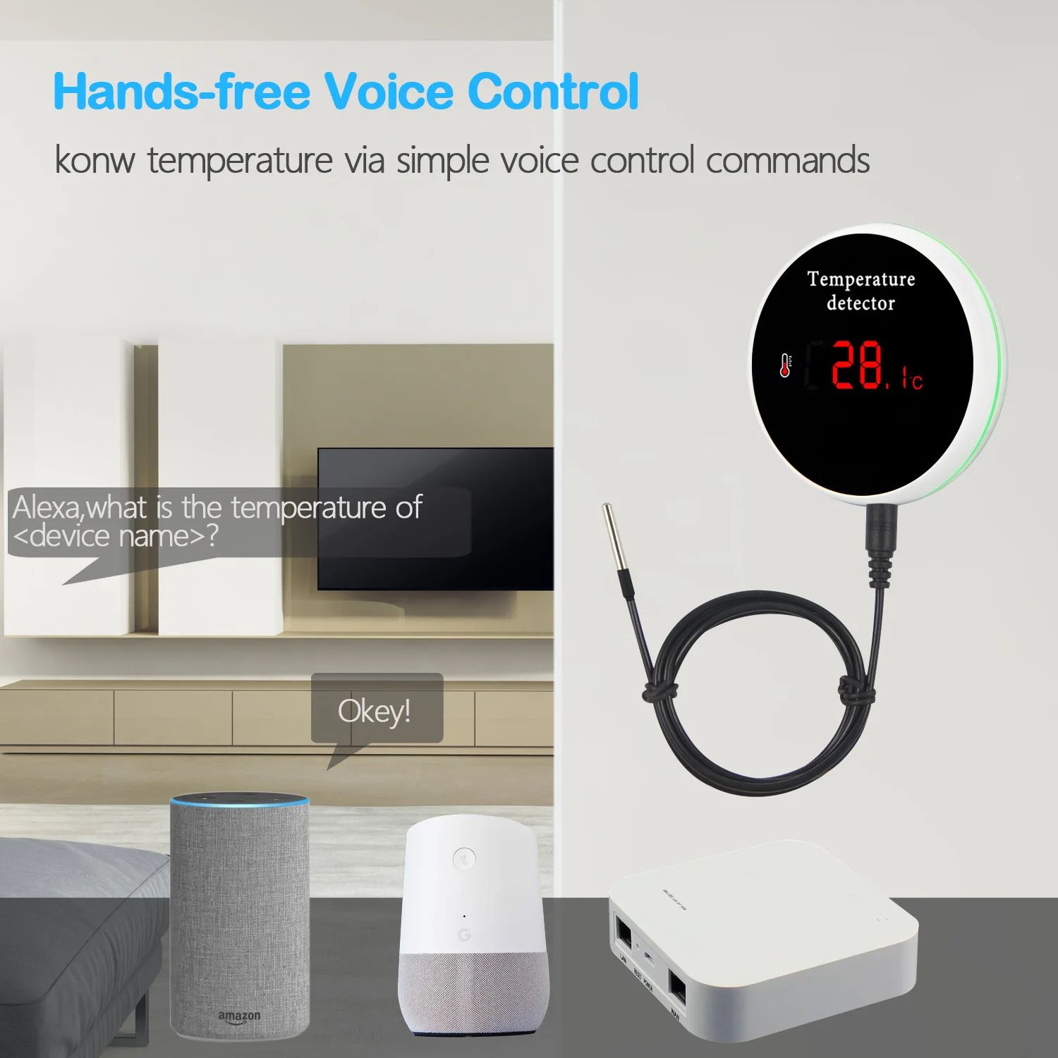 Smart WiFi Thermometer, Tuya-Compatible with External Probe, USB Charging, App Notifications, and Alexa/Google Assistant