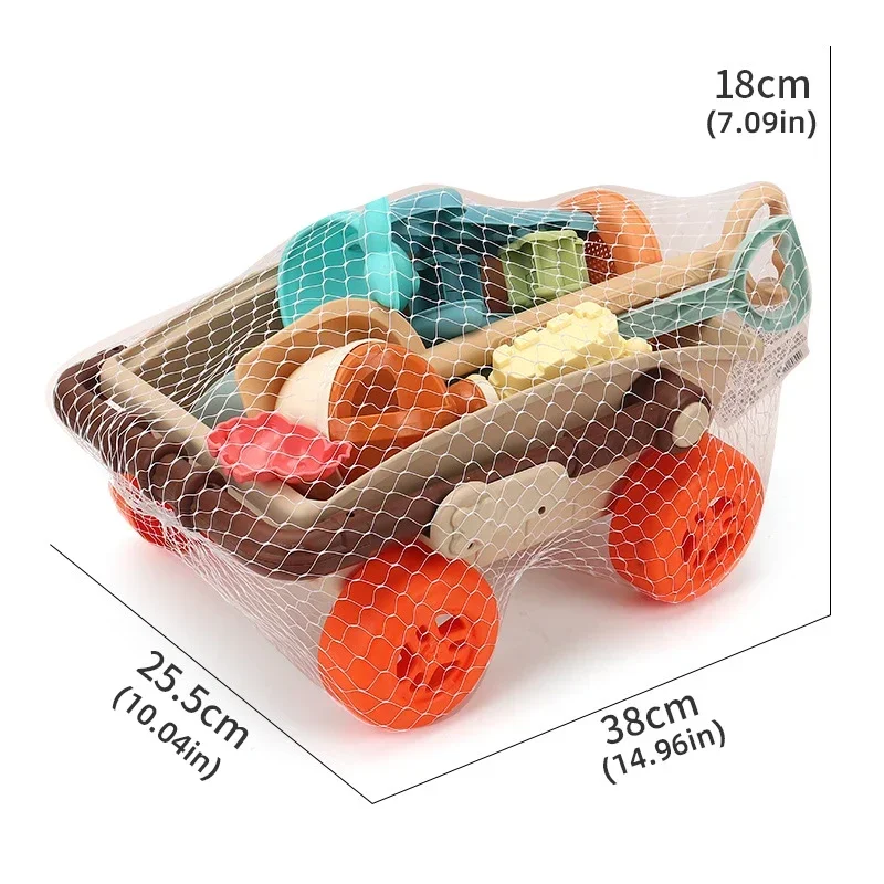 Kids Beach Toy Set with Trolley, Collapsible Bucket, Sand Molds and Mesh Bag for Easy Play