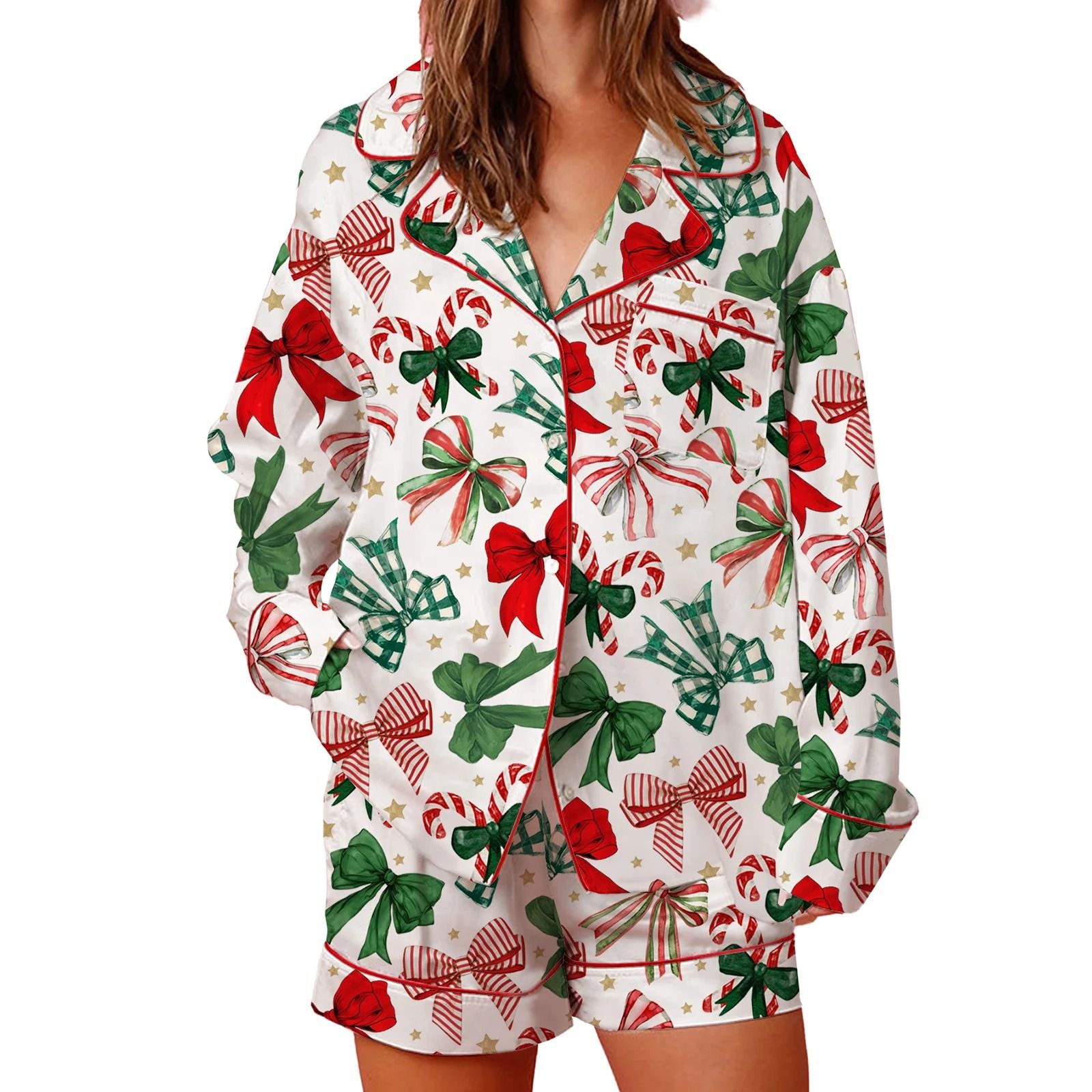 Womens Festive Holiday Bow Print Pajama Set