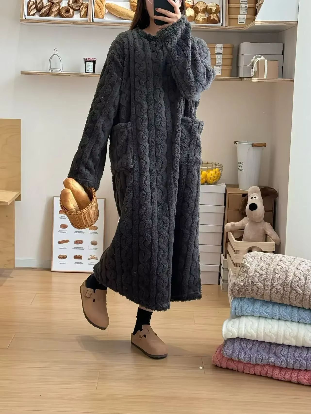 Cozy Haven Long Sleeve Flannel Nightgown with Double Pockets