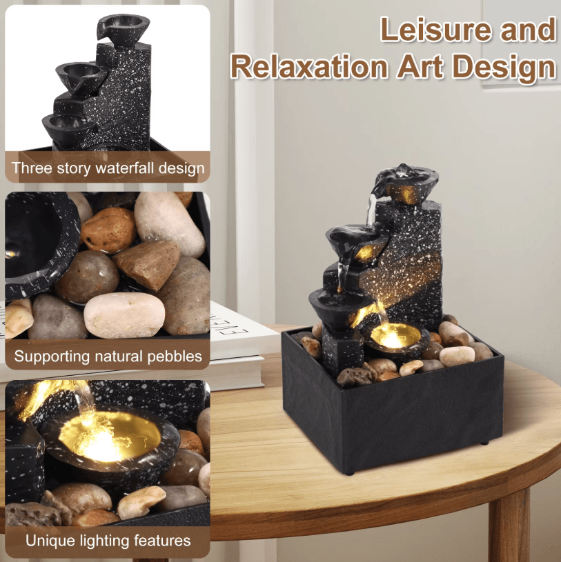 Tabletop Waterfall Fountain with Soft Lights – Relaxation and Meditation Home Decor