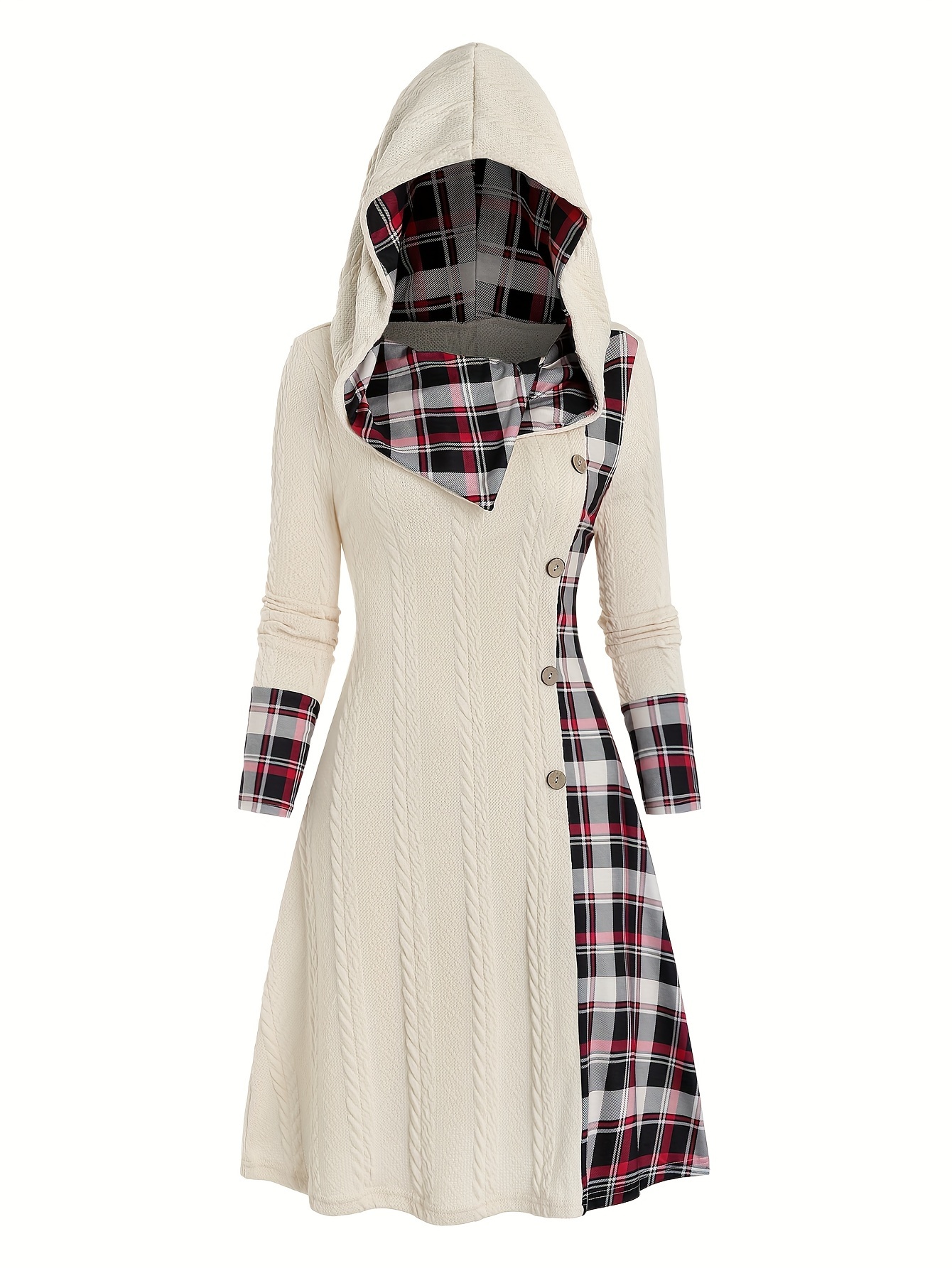 Plaid Print Knitted Hooded Dress, Fake Buckle High Waist, Long Sleeve A-line Dress