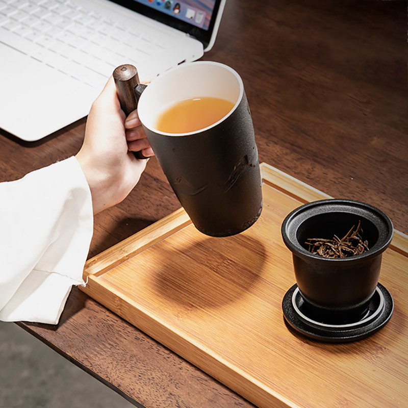 Luxury Ceramic Mug with Lid, Large Capacity, Wooden Handle, Retro Tea Cup, Personalized Office Thermal Mug, Unique Drink