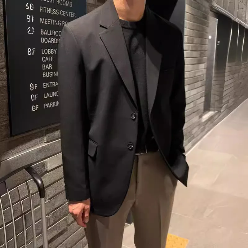 Men's Casual Blazer, Western Style Loose Fit Jacket, Autumn Trendy Single Breasted Black Coat, Dongdaemun Style Clothes