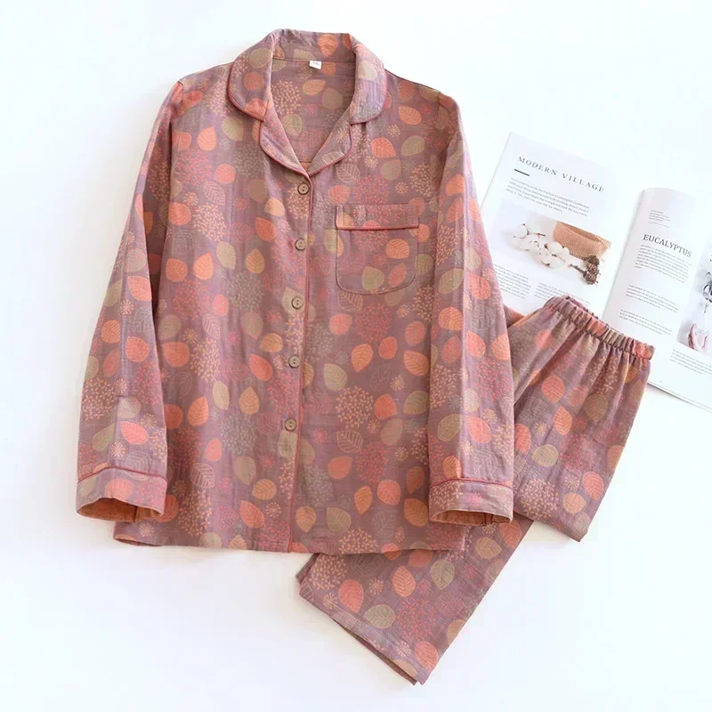 Cotton Crepe Flower Leaves Pajamas Suit for Women, Long-Sleeved Trousers, Two-Piece, Perfect for Spring and Summer