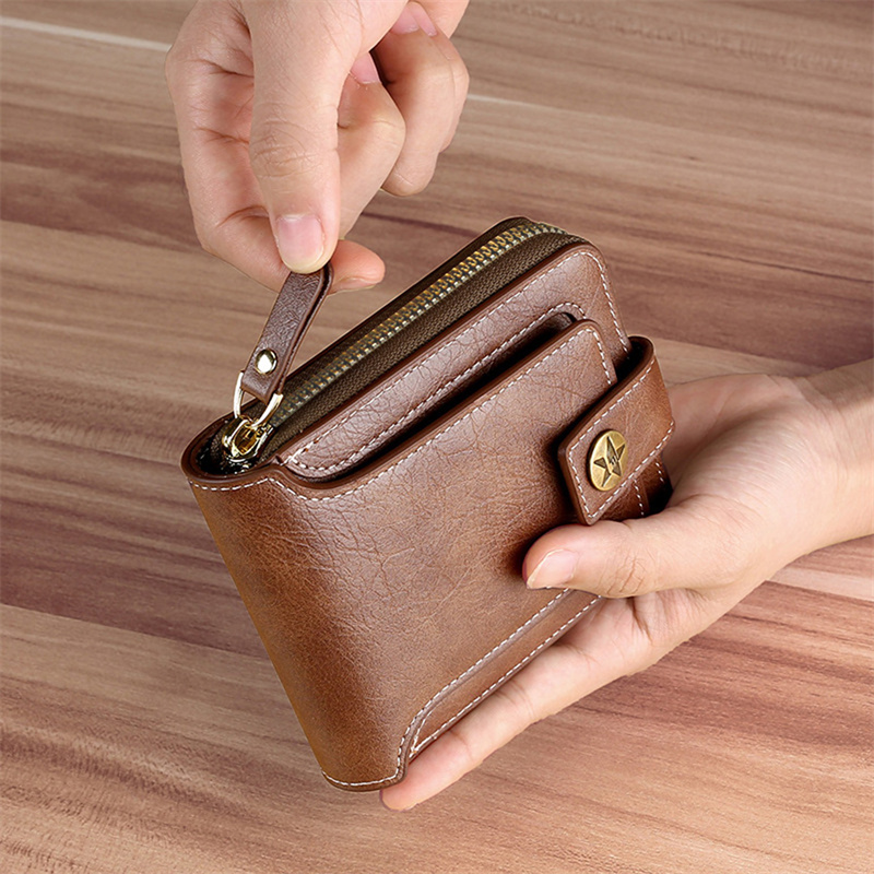 Solid Color Men's Wallet, Vintage PU Leather Short Purse, Durable Zipper Hasp Wallet
