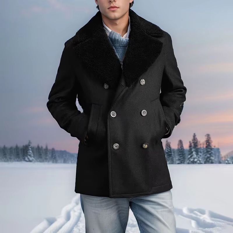 Contrast Detail Men's Wool Pea Coat – Classic Double Breasted Pea Coat Winter Overcoat