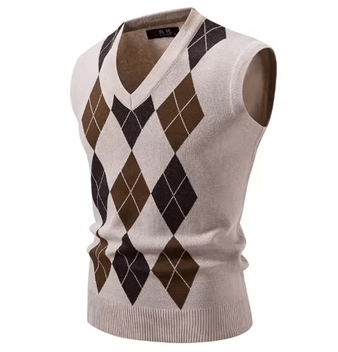 Mens Argyle Knit Vest V Neck Sleeveless Slim Fit Pullover Sweater