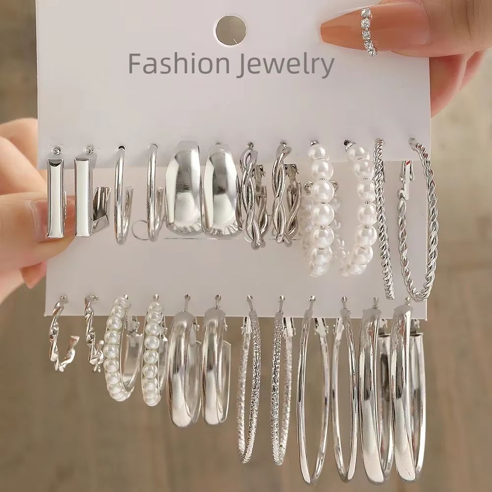 Vintage Silver Y2K Pearl Hoop Earrings Set for Women 24 Pcs