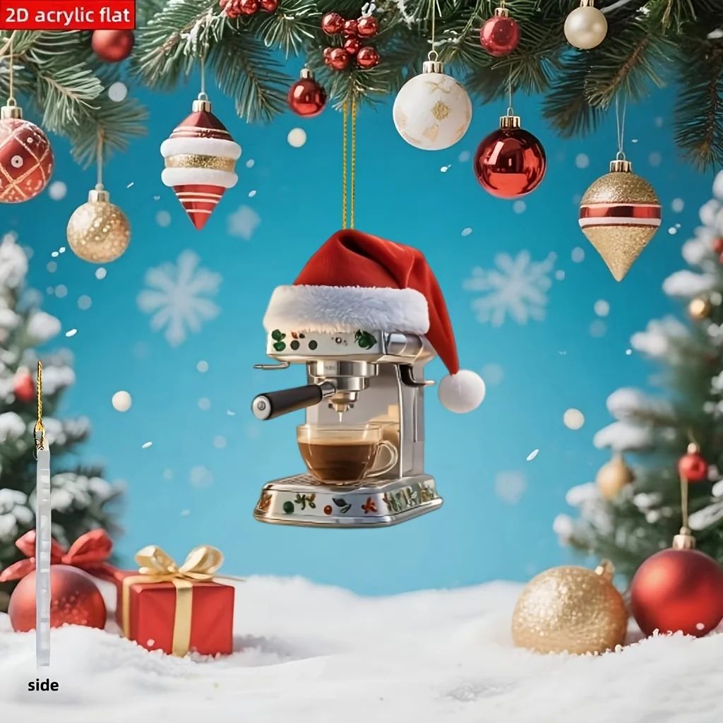 2D Acrylic Coffee Machine Christmas Ornament – Adorable Holiday Coffee Lover Tree Pendant, 3 pcs
