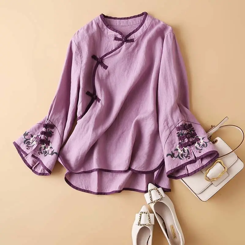 2023 New Spring Womens Shirt, Chinese Style, Artistic Embroidery, Loose Fit, V Neck Top, Fashionable Clothes for Women