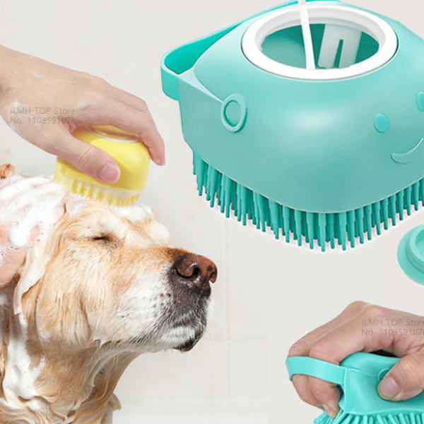 Dog Bathing Brush & Pet Massage Brush Soft Silicone Shampoo Dispenser for Dogs & Cats