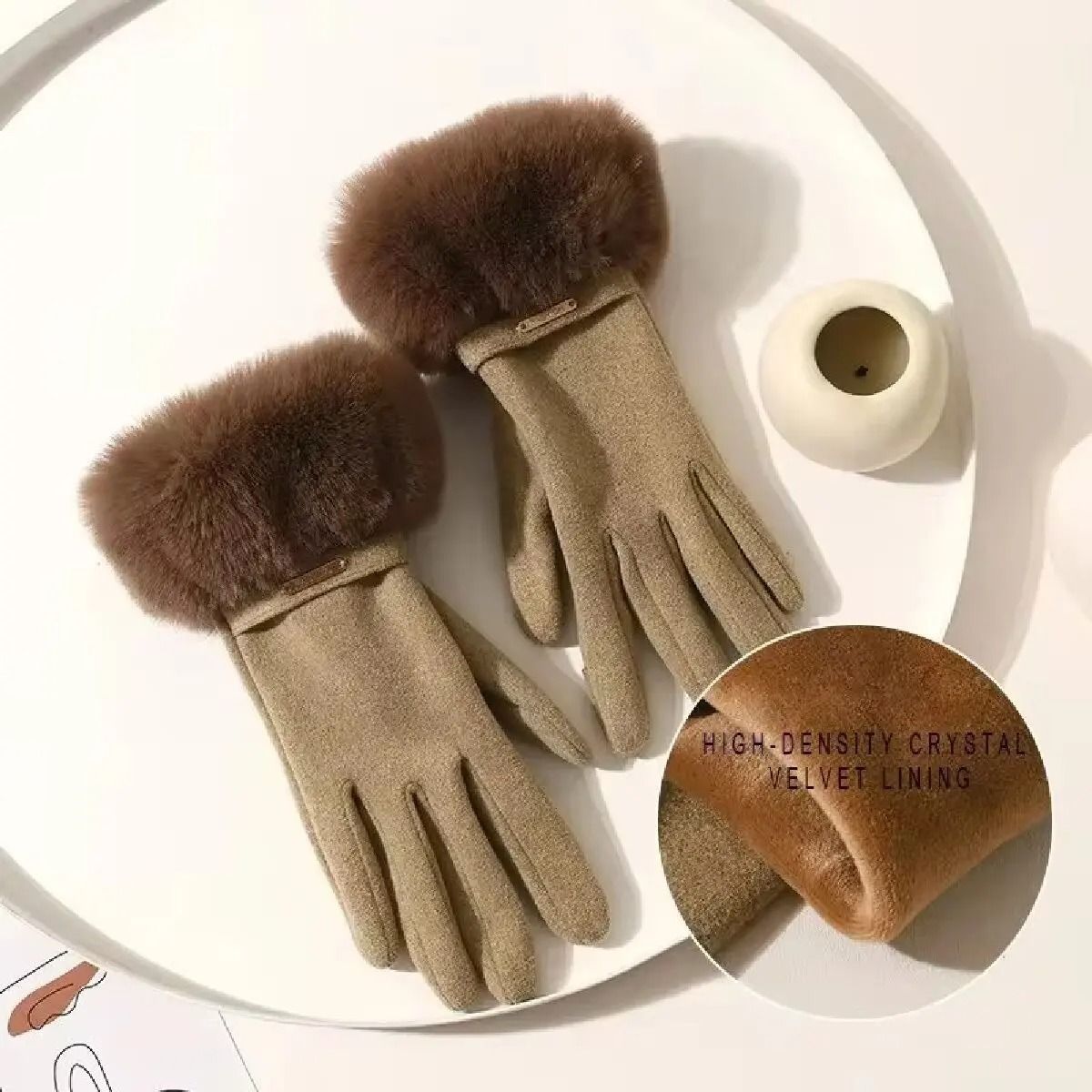 Women Winter Touchscreen Suede Gloves with Plush Cuff and Fleece Lining