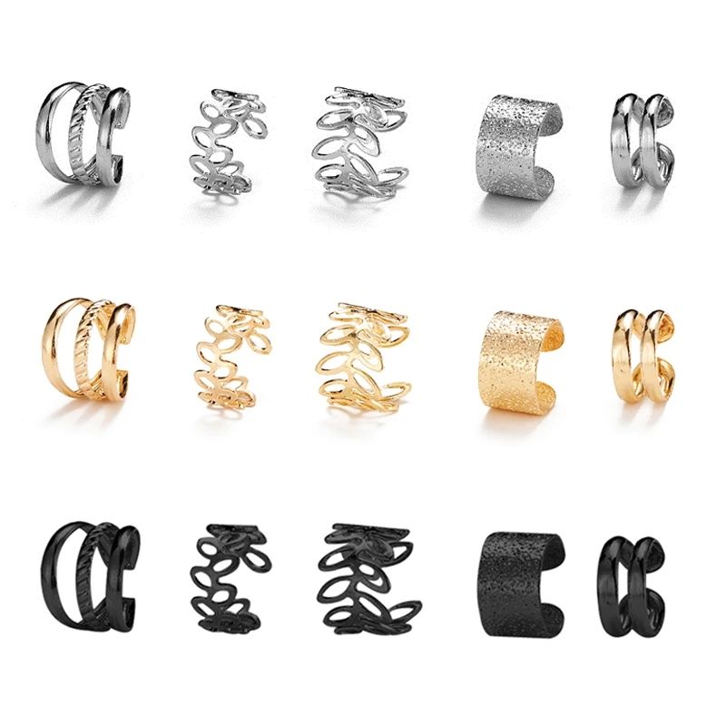 Gold Silver Leaves Clip Earrings: Creative C Butterfly Non-Piercing Ear Cuff Set - Trendy Women's Jewelry