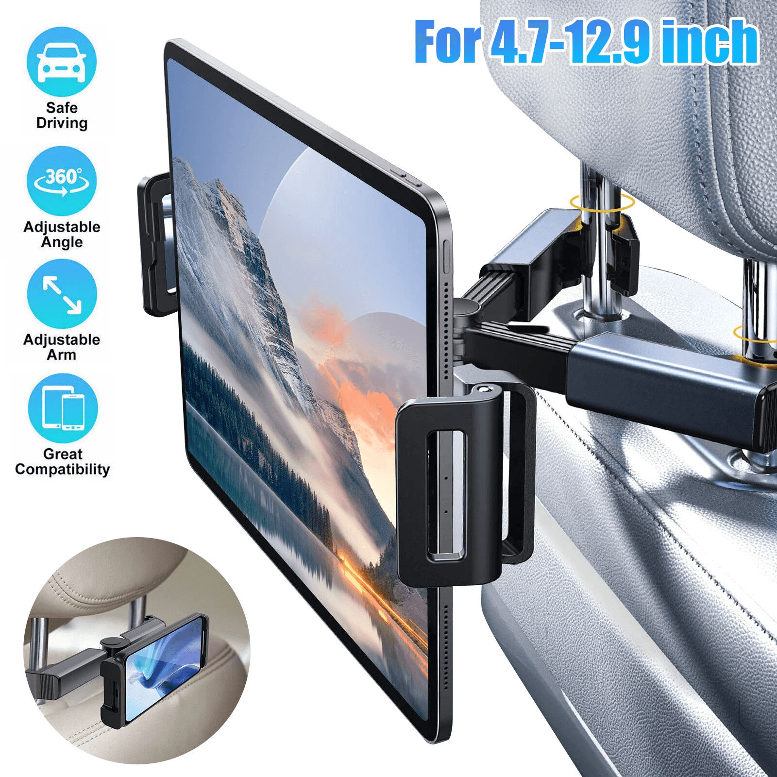 360° Car Back Seat Headrest Mount Tablet Holder for 4.7-12.9