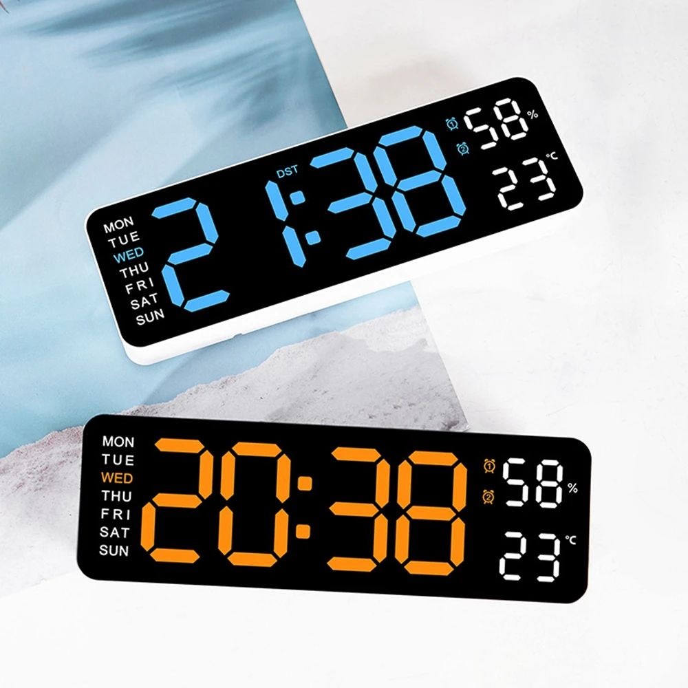 9-Inch Large Digital Wall Clock with Temperature, Humidity & Auto-Dimming Alarm Display