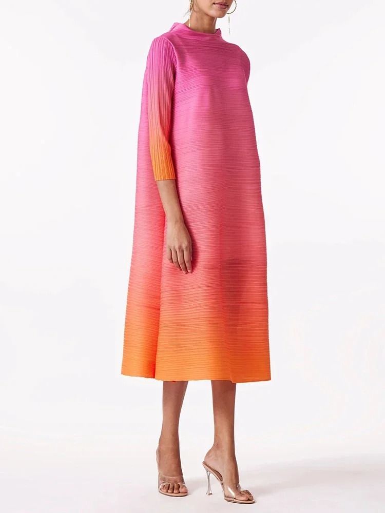 Gradient Pleated High Fashion Mid Calf Dress
