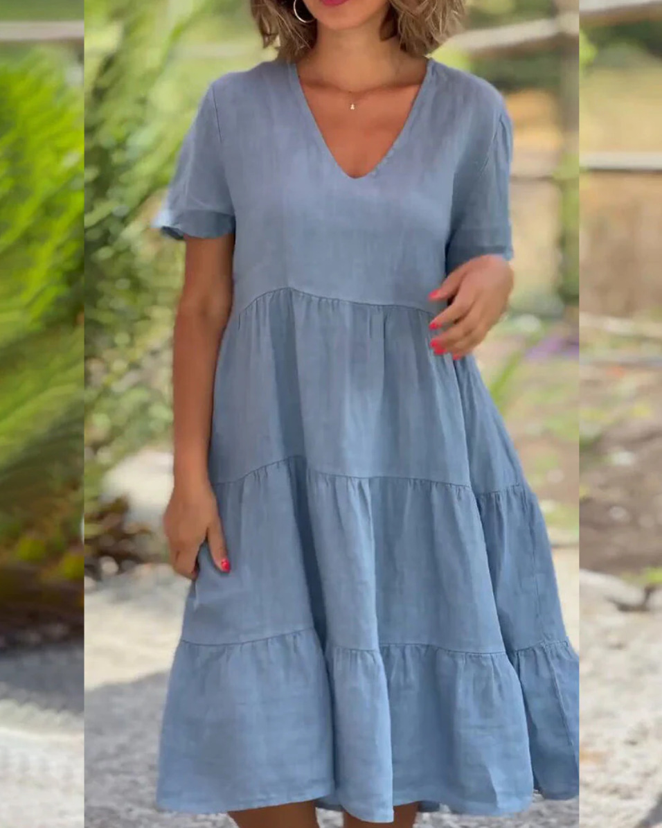 Solid V-neck Large Swing Loose Dress for Summer Sweet Style