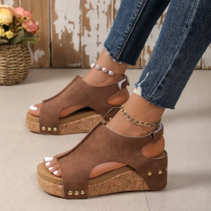 Womens Casual Shoes, Summer Peep Toe Wedge Sandals, Fashion Solid Color Flat High Heels