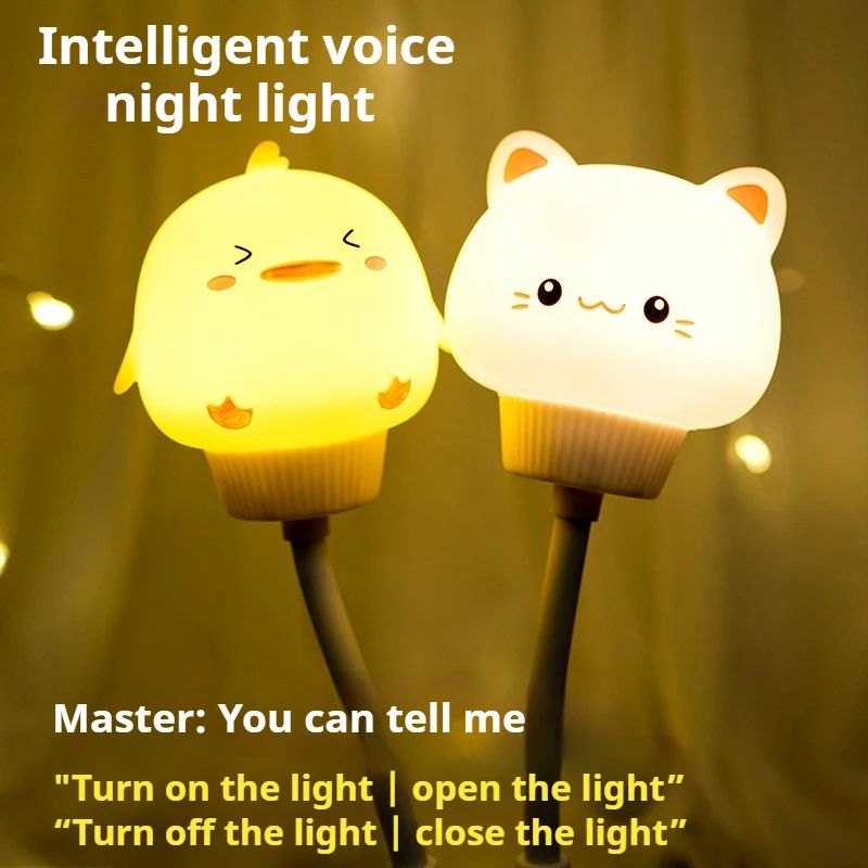 Cute Cartoon Bear & Kitten USB LED Night Light – Voice & Remote Control Kids Bedside Lamp