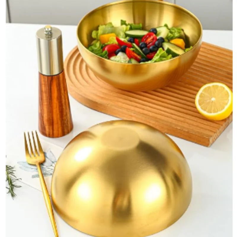 Korean Style Food Container, Golden Stainless Steel Salad Bowls, Large Capacity Soup Rice Noodle Kitchen Tableware
