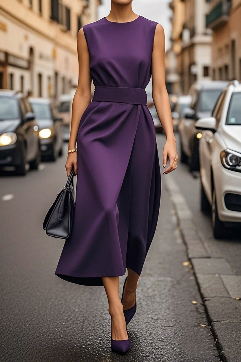 Fashion Casual Long Dress, Female Sleeveles O-neck, Solid Color Waist-closing Women Dresses, Elegant Office Ladies Dress
