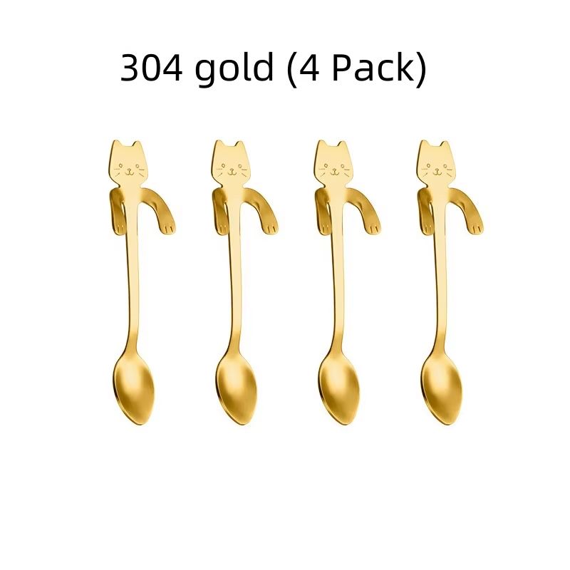 Creative 304 Stainless Steel Cat Coffee Spoon Hanging Edge Cute Stirring Spoon Set Gold Plated Teaspoon