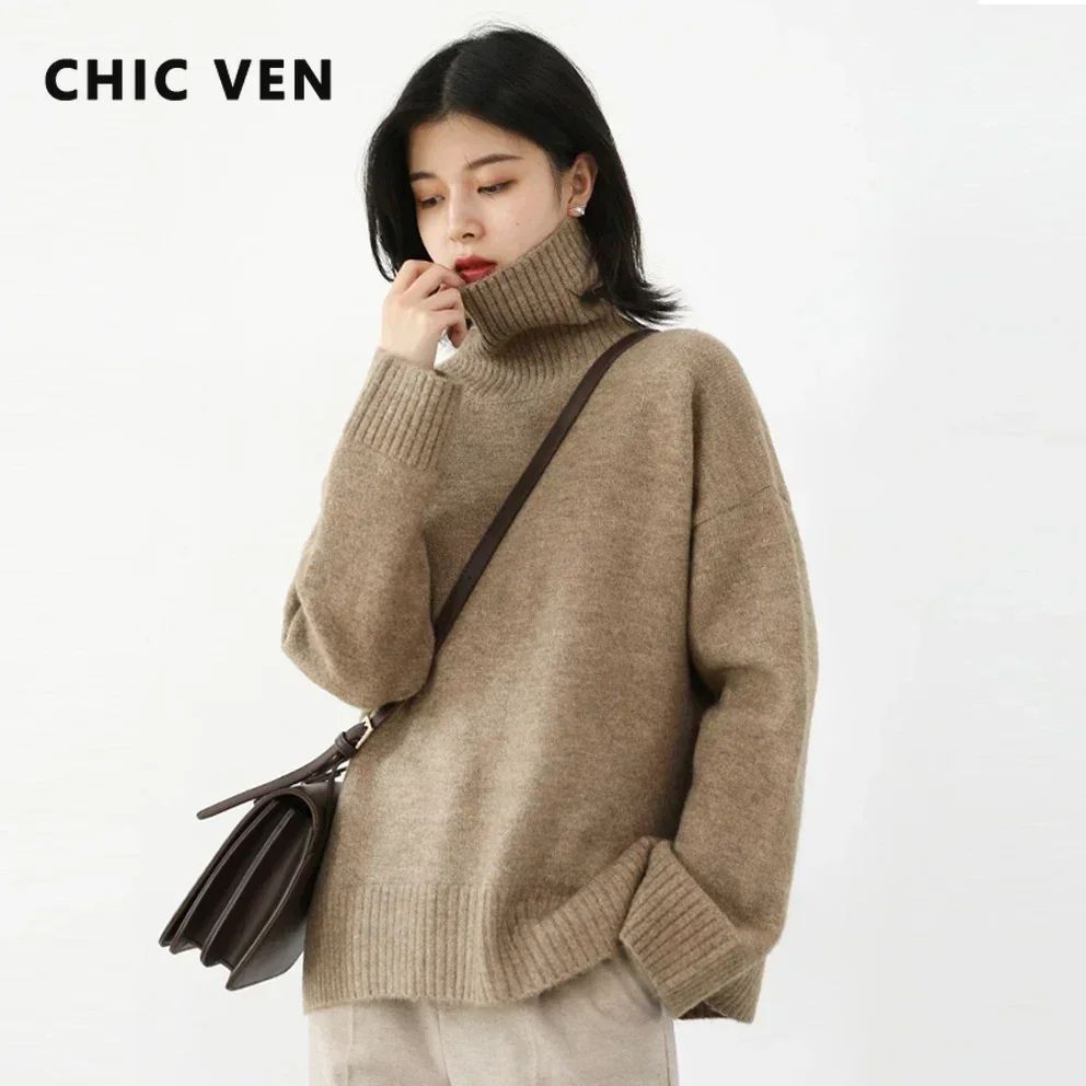 CHIC VEN Loose Turtleneck Sweater Warm Korean Knit Pullover Soft Women Winter Sweater