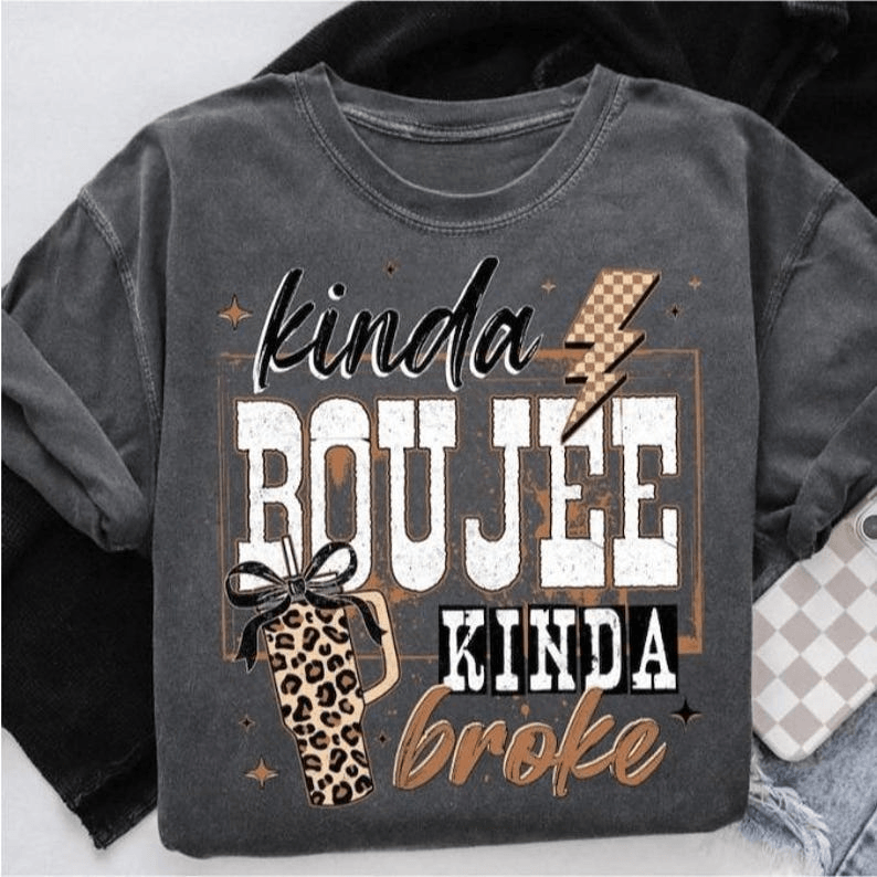 Kinda Boujee Kinda Broke Shirt Funny Leopard Graphic Tee Trendy Aesthetic Womens T-Shirt